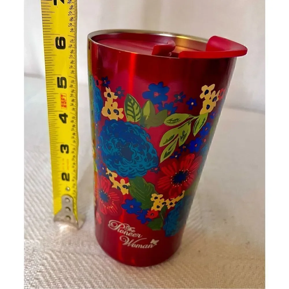 Pioneer Woman Red Floral Stainless Steel Double Insulated Cup Coffee Tea W Top
